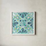 Garden Getaway Tile IX Teal by Laura Marshall. Shown in a crisp white glass frame for a clean and minimalist style. Available as an archival giclee rolled canvas, fine art paper, or poster print. SKU 34470a.