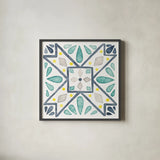 Garden Getaway Tile IX White by Laura Marshall. Shown in a sleek black glass frame for a contemporary gallery look. Available as an archival giclee rolled canvas, fine art paper, or poster print. SKU 34479a.