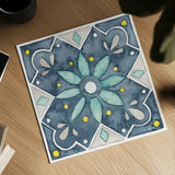 Garden Getaway Tile V Blue by Laura Marshall. Shown as a detailed flat fine art print, highlighting archival giclee quality. Available as an archival giclee rolled canvas, fine art paper, or poster print. SKU 34457a.