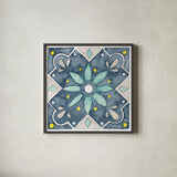 Garden Getaway Tile V Blue by Laura Marshall. Shown in a sleek black glass frame for a contemporary gallery look. Available as an archival giclee rolled canvas, fine art paper, or poster print. SKU 34457a.