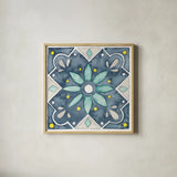Garden Getaway Tile V Blue by Laura Marshall. Shown in a natural wood glass frame for a timeless modern aesthetic. Available as an archival giclee rolled canvas, fine art paper, or poster print. SKU 34457a.