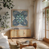 Garden Getaway Tile V Blue by Laura Marshall. Shown in a natural wood frame in a cozy modern living room. Available as an archival giclee rolled canvas, fine art paper, or poster print. SKU 34457a.