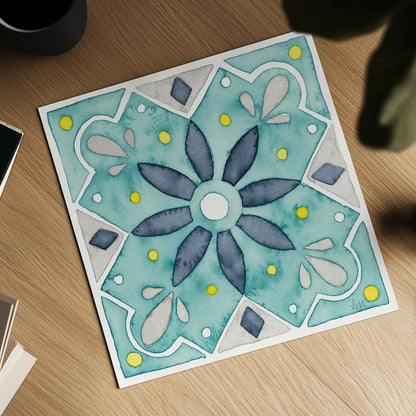 Garden Getaway Tile V Teal by Laura Marshall. Shown as a detailed flat fine art print, highlighting archival giclee quality. Available as an archival giclee rolled canvas, fine art paper, or poster print. SKU 34466a.