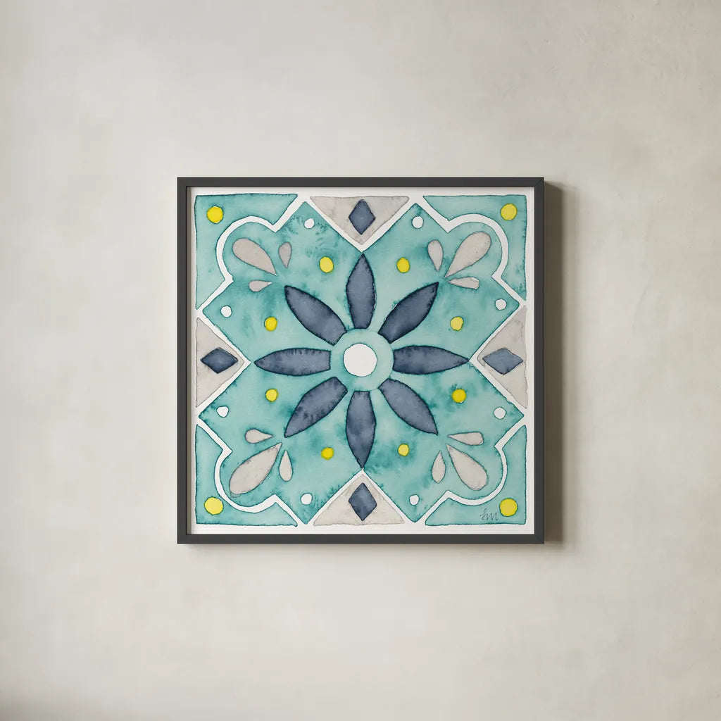 Garden Getaway Tile V Teal by Laura Marshall. Shown in a sleek black glass frame for a contemporary gallery look. Available as an archival giclee rolled canvas, fine art paper, or poster print. SKU 34466a.