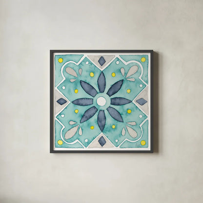 Garden Getaway Tile V Teal by Laura Marshall. Shown in a sleek black glass frame for a contemporary gallery look. Available as an archival giclee rolled canvas, fine art paper, or poster print. SKU 34466a.