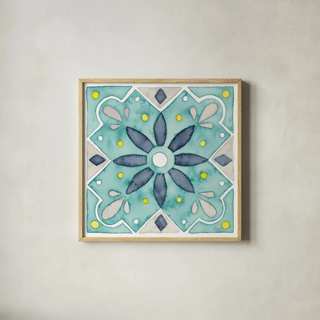 Garden Getaway Tile V Teal by Laura Marshall. Shown in a natural wood glass frame for a timeless modern aesthetic. Available as an archival giclee rolled canvas, fine art paper, or poster print. SKU 34466a.
