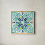 Garden Getaway Tile V Teal by Laura Marshall. Shown in a natural wood glass frame for a timeless modern aesthetic. Available as an archival giclee rolled canvas, fine art paper, or poster print. SKU 34466a.