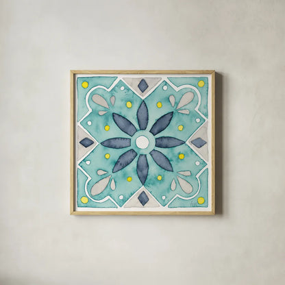 Garden Getaway Tile V Teal by Laura Marshall. Shown in a natural wood glass frame for a timeless modern aesthetic. Available as an archival giclee rolled canvas, fine art paper, or poster print. SKU 34466a.