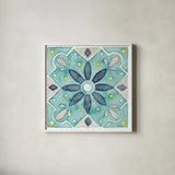 Garden Getaway Tile V Teal by Laura Marshall. Shown in a crisp white glass frame for a clean and minimalist style. Available as an archival giclee rolled canvas, fine art paper, or poster print. SKU 34466a.