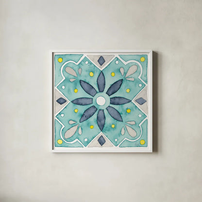Garden Getaway Tile V Teal by Laura Marshall. Shown in a crisp white glass frame for a clean and minimalist style. Available as an archival giclee rolled canvas, fine art paper, or poster print. SKU 34466a.