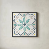Garden Getaway Tile V White by Laura Marshall. Shown in a sleek black glass frame for a contemporary gallery look. Available as an archival giclee rolled canvas, fine art paper, or poster print. SKU 34475a.