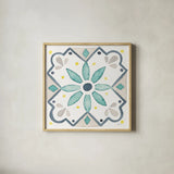 Garden Getaway Tile V White by Laura Marshall. Shown in a natural wood glass frame for a timeless modern aesthetic. Available as an archival giclee rolled canvas, fine art paper, or poster print. SKU 34475a.