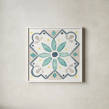 Garden Getaway Tile V White by Laura Marshall. Shown in a crisp white glass frame for a clean and minimalist style. Available as an archival giclee rolled canvas, fine art paper, or poster print. SKU 34475a.