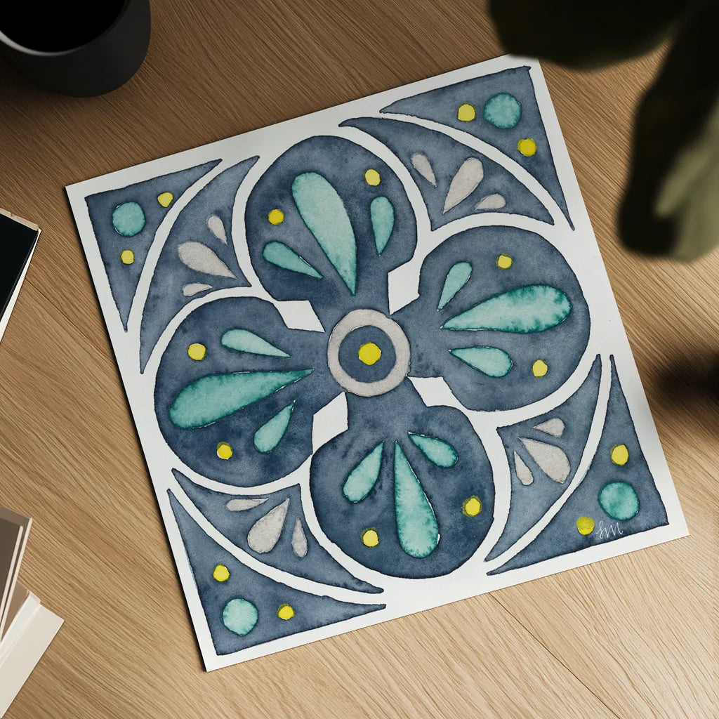 Garden Getaway Tile VI Blue by Laura Marshall. Shown as a detailed flat fine art print, highlighting archival giclee quality. Available as an archival giclee rolled canvas, fine art paper, or poster print. SKU 34458a.