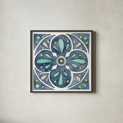 Garden Getaway Tile VI Blue by Laura Marshall. Shown in a sleek black glass frame for a contemporary gallery look. Available as an archival giclee rolled canvas, fine art paper, or poster print. SKU 34458a.