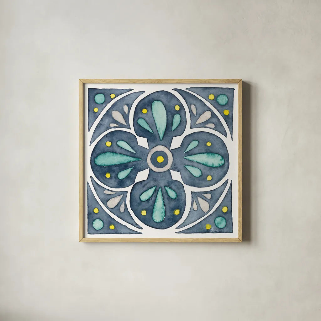 Garden Getaway Tile VI Blue by Laura Marshall. Shown in a natural wood glass frame for a timeless modern aesthetic. Available as an archival giclee rolled canvas, fine art paper, or poster print. SKU 34458a.