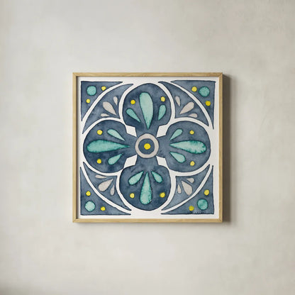 Garden Getaway Tile VI Blue by Laura Marshall. Shown in a natural wood glass frame for a timeless modern aesthetic. Available as an archival giclee rolled canvas, fine art paper, or poster print. SKU 34458a.