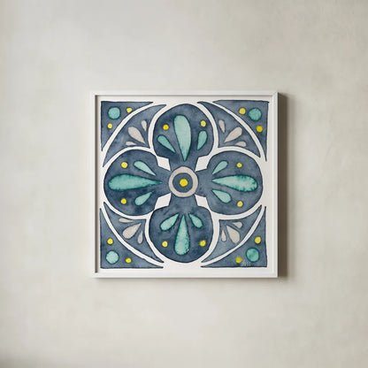 Garden Getaway Tile VI Blue by Laura Marshall. Shown in a crisp white glass frame for a clean and minimalist style. Available as an archival giclee rolled canvas, fine art paper, or poster print. SKU 34458a.