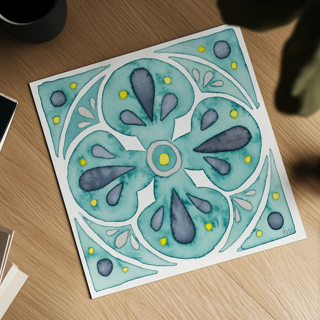 Garden Getaway Tile VI Teal by Laura Marshall. Shown as a detailed flat fine art print, highlighting archival giclee quality. Available as an archival giclee rolled canvas, fine art paper, or poster print. SKU 34467a.