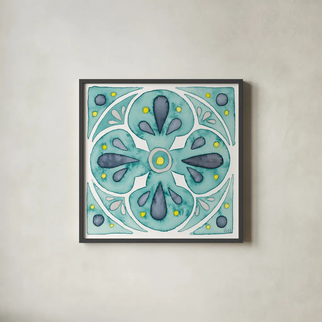 Garden Getaway Tile VI Teal by Laura Marshall. Shown in a sleek black glass frame for a contemporary gallery look. Available as an archival giclee rolled canvas, fine art paper, or poster print. SKU 34467a.