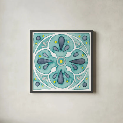 Garden Getaway Tile VI Teal by Laura Marshall. Shown in a sleek black glass frame for a contemporary gallery look. Available as an archival giclee rolled canvas, fine art paper, or poster print. SKU 34467a.
