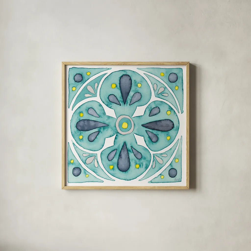 Garden Getaway Tile VI Teal by Laura Marshall. Shown in a natural wood glass frame for a timeless modern aesthetic. Available as an archival giclee rolled canvas, fine art paper, or poster print. SKU 34467a.