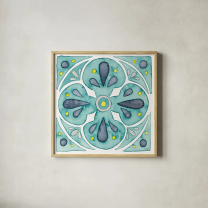 Garden Getaway Tile VI Teal by Laura Marshall. Shown in a natural wood glass frame for a timeless modern aesthetic. Available as an archival giclee rolled canvas, fine art paper, or poster print. SKU 34467a.