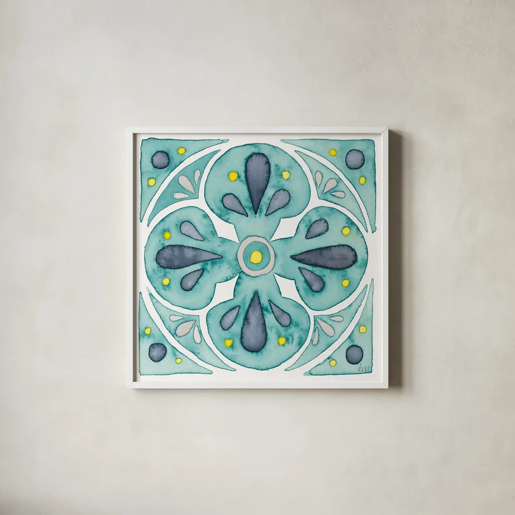 Garden Getaway Tile VI Teal by Laura Marshall. Shown in a crisp white glass frame for a clean and minimalist style. Available as an archival giclee rolled canvas, fine art paper, or poster print. SKU 34467a.