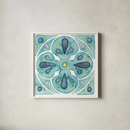 Garden Getaway Tile VI Teal by Laura Marshall. Shown in a crisp white glass frame for a clean and minimalist style. Available as an archival giclee rolled canvas, fine art paper, or poster print. SKU 34467a.