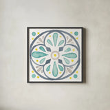 Garden Getaway Tile VI White by Laura Marshall. Shown in a sleek black glass frame for a contemporary gallery look. Available as an archival giclee rolled canvas, fine art paper, or poster print. SKU 34476a.
