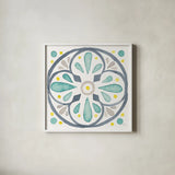 Garden Getaway Tile VI White by Laura Marshall. Shown in a crisp white glass frame for a clean and minimalist style. Available as an archival giclee rolled canvas, fine art paper, or poster print. SKU 34476a.
