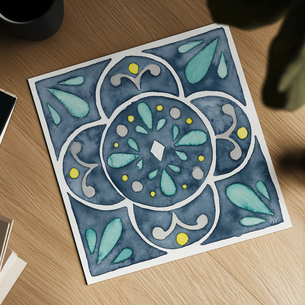 Garden Getaway Tile VII Blue by Laura Marshall. Shown as a detailed flat fine art print, highlighting archival giclee quality. Available as an archival giclee rolled canvas, fine art paper, or poster print. SKU 34459a.