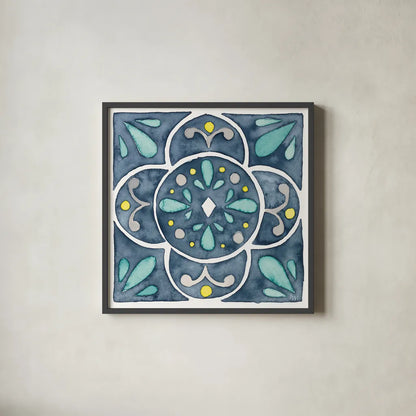 Garden Getaway Tile VII Blue by Laura Marshall. Shown in a sleek black glass frame for a contemporary gallery look. Available as an archival giclee rolled canvas, fine art paper, or poster print. SKU 34459a.
