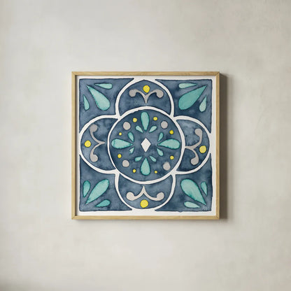 Garden Getaway Tile VII Blue by Laura Marshall. Shown in a natural wood glass frame for a timeless modern aesthetic. Available as an archival giclee rolled canvas, fine art paper, or poster print. SKU 34459a.