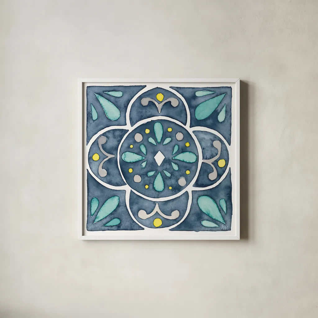 Garden Getaway Tile VII Blue by Laura Marshall. Shown in a crisp white glass frame for a clean and minimalist style. Available as an archival giclee rolled canvas, fine art paper, or poster print. SKU 34459a.