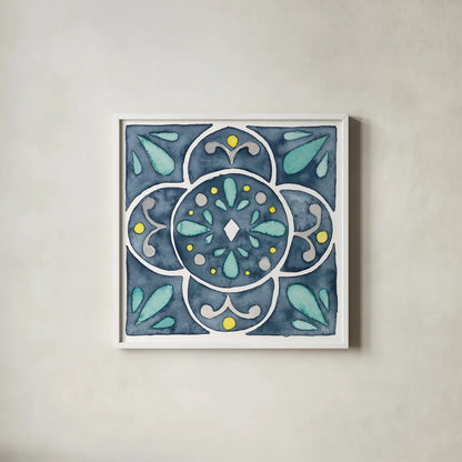 Garden Getaway Tile VII Blue by Laura Marshall. Shown in a crisp white glass frame for a clean and minimalist style. Available as an archival giclee rolled canvas, fine art paper, or poster print. SKU 34459a.