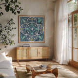 Garden Getaway Tile VII Blue by Laura Marshall. Shown in a natural wood frame in a cozy modern living room. Available as an archival giclee rolled canvas, fine art paper, or poster print. SKU 34459a.