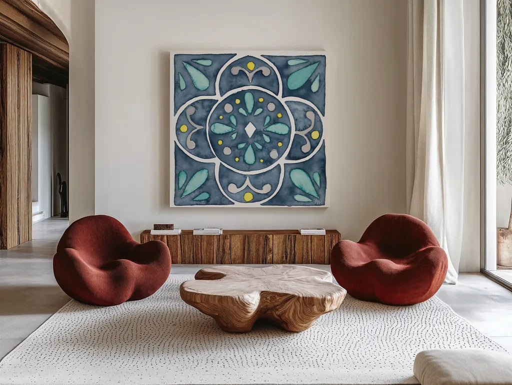 Garden Getaway Tile VII Blue by Laura Marshall. Shown as extra-large giant wall art in a modern living room. Available as an archival giclee rolled canvas, fine art paper, or poster print. SKU 34459a.