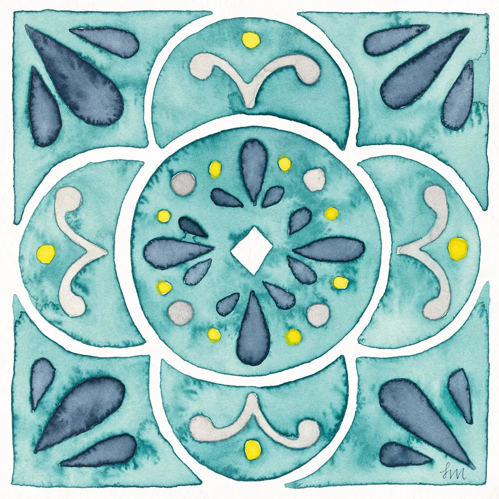 Garden Getaway Tile VII Teal by Laura Marshall. SKU 34468a. Archival Giclee Fine art print for wall decor.