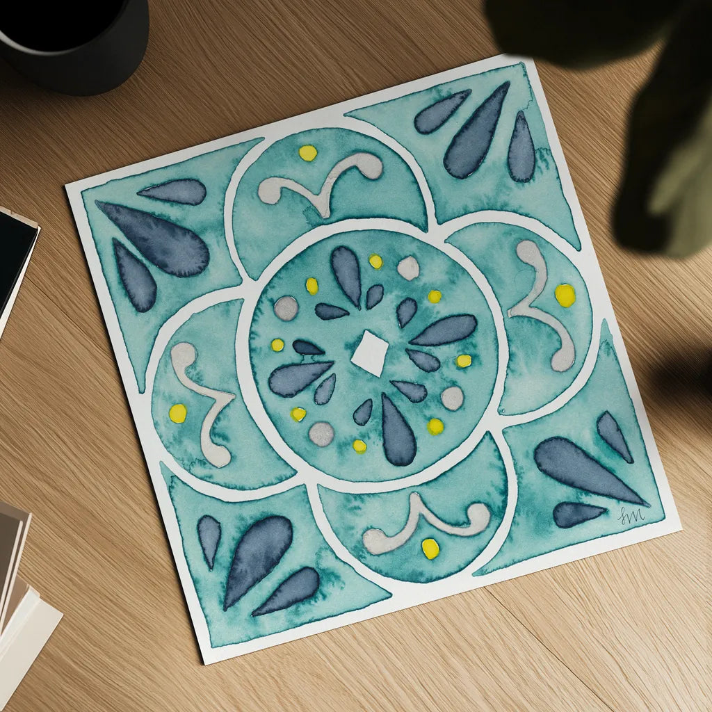 Garden Getaway Tile VII Teal by Laura Marshall. Shown as a detailed flat fine art print, highlighting archival giclee quality. Available as an archival giclee rolled canvas, fine art paper, or poster print. SKU 34468a.