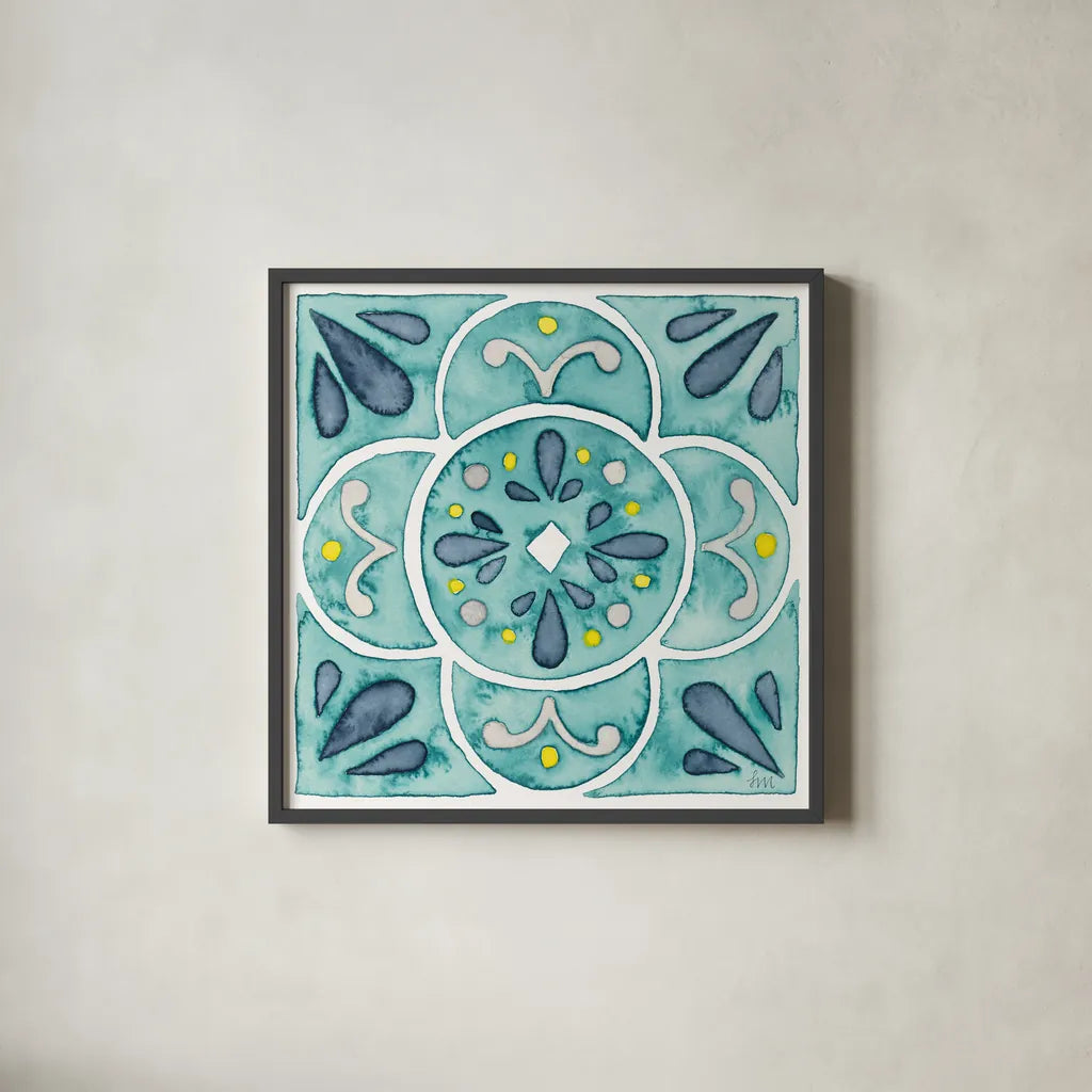 Garden Getaway Tile VII Teal by Laura Marshall. Shown in a sleek black glass frame for a contemporary gallery look. Available as an archival giclee rolled canvas, fine art paper, or poster print. SKU 34468a.