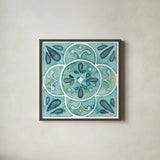 Garden Getaway Tile VII Teal by Laura Marshall. Shown in a sleek black glass frame for a contemporary gallery look. Available as an archival giclee rolled canvas, fine art paper, or poster print. SKU 34468a.