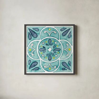 Garden Getaway Tile VII Teal by Laura Marshall. Shown in a sleek black glass frame for a contemporary gallery look. Available as an archival giclee rolled canvas, fine art paper, or poster print. SKU 34468a.