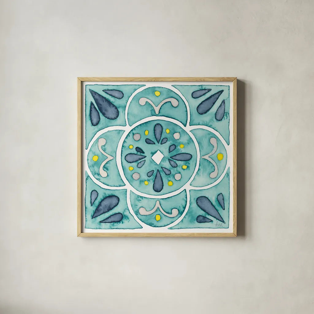 Garden Getaway Tile VII Teal by Laura Marshall. Shown in a natural wood glass frame for a timeless modern aesthetic. Available as an archival giclee rolled canvas, fine art paper, or poster print. SKU 34468a.