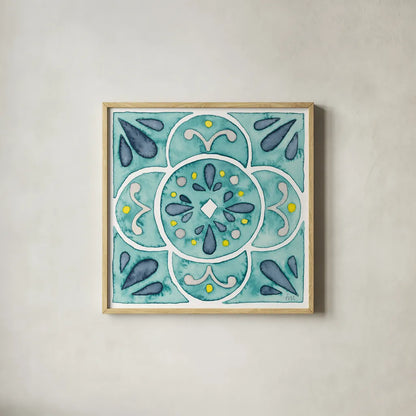Garden Getaway Tile VII Teal by Laura Marshall. Shown in a natural wood glass frame for a timeless modern aesthetic. Available as an archival giclee rolled canvas, fine art paper, or poster print. SKU 34468a.