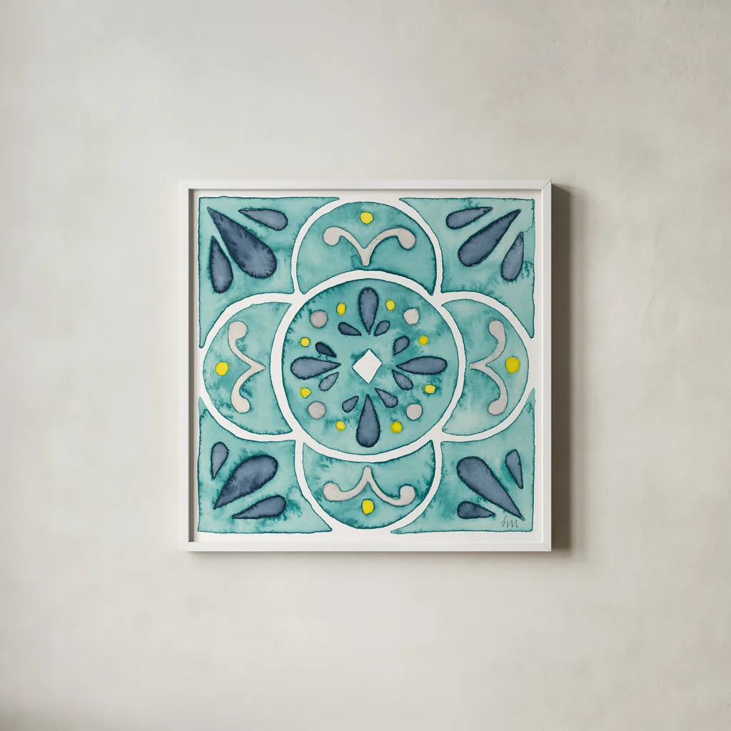 Garden Getaway Tile VII Teal by Laura Marshall. Shown in a crisp white glass frame for a clean and minimalist style. Available as an archival giclee rolled canvas, fine art paper, or poster print. SKU 34468a.