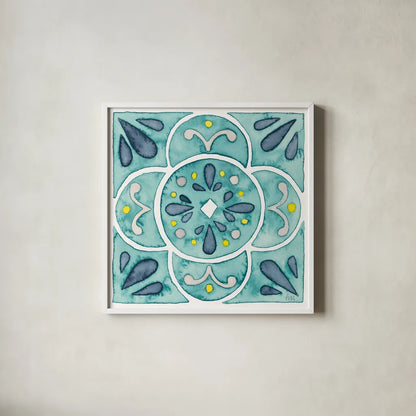 Garden Getaway Tile VII Teal by Laura Marshall. Shown in a crisp white glass frame for a clean and minimalist style. Available as an archival giclee rolled canvas, fine art paper, or poster print. SKU 34468a.