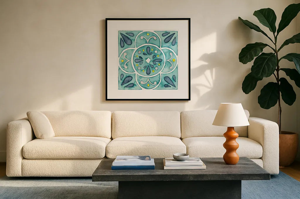 Garden Getaway Tile VII Teal by Laura Marshall. Displayed in a glass frame with matte in a clean modern living room. Available as an archival giclee rolled canvas, fine art paper, or poster print. SKU 34468a.