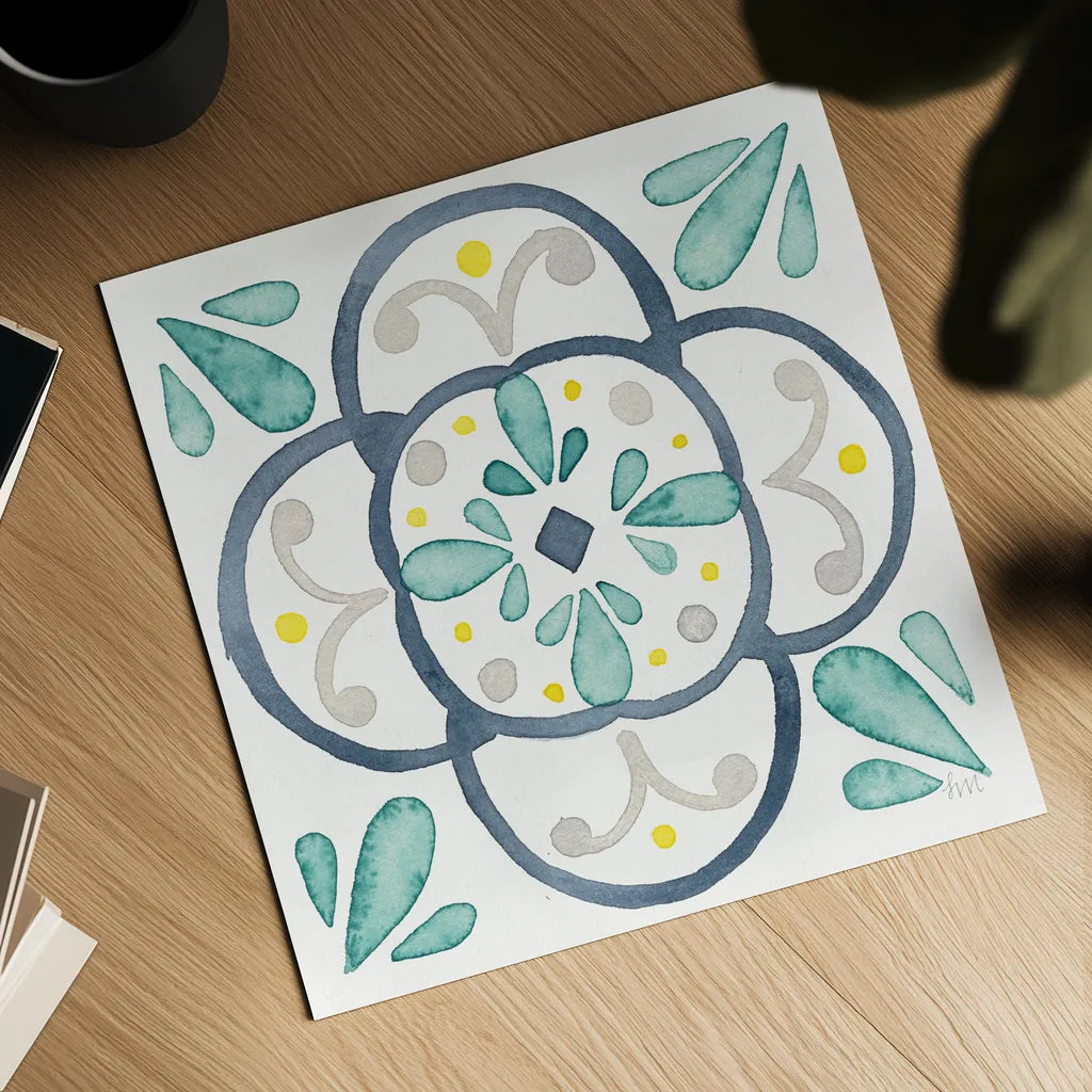 Garden Getaway Tile VII White by Laura Marshall. Shown as a detailed flat fine art print, highlighting archival giclee quality. Available as an archival giclee rolled canvas, fine art paper, or poster print. SKU 34477a.