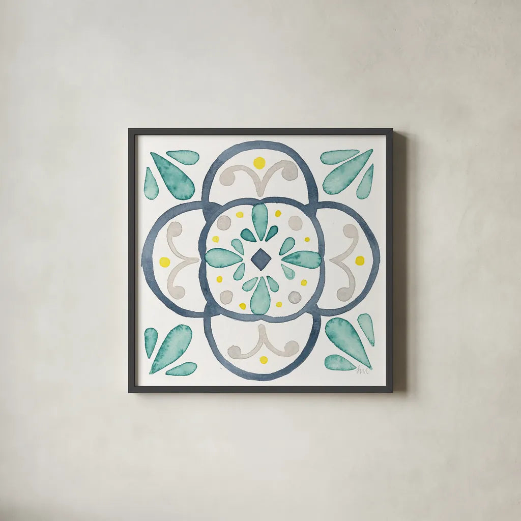 Garden Getaway Tile VII White by Laura Marshall. Shown in a sleek black glass frame for a contemporary gallery look. Available as an archival giclee rolled canvas, fine art paper, or poster print. SKU 34477a.